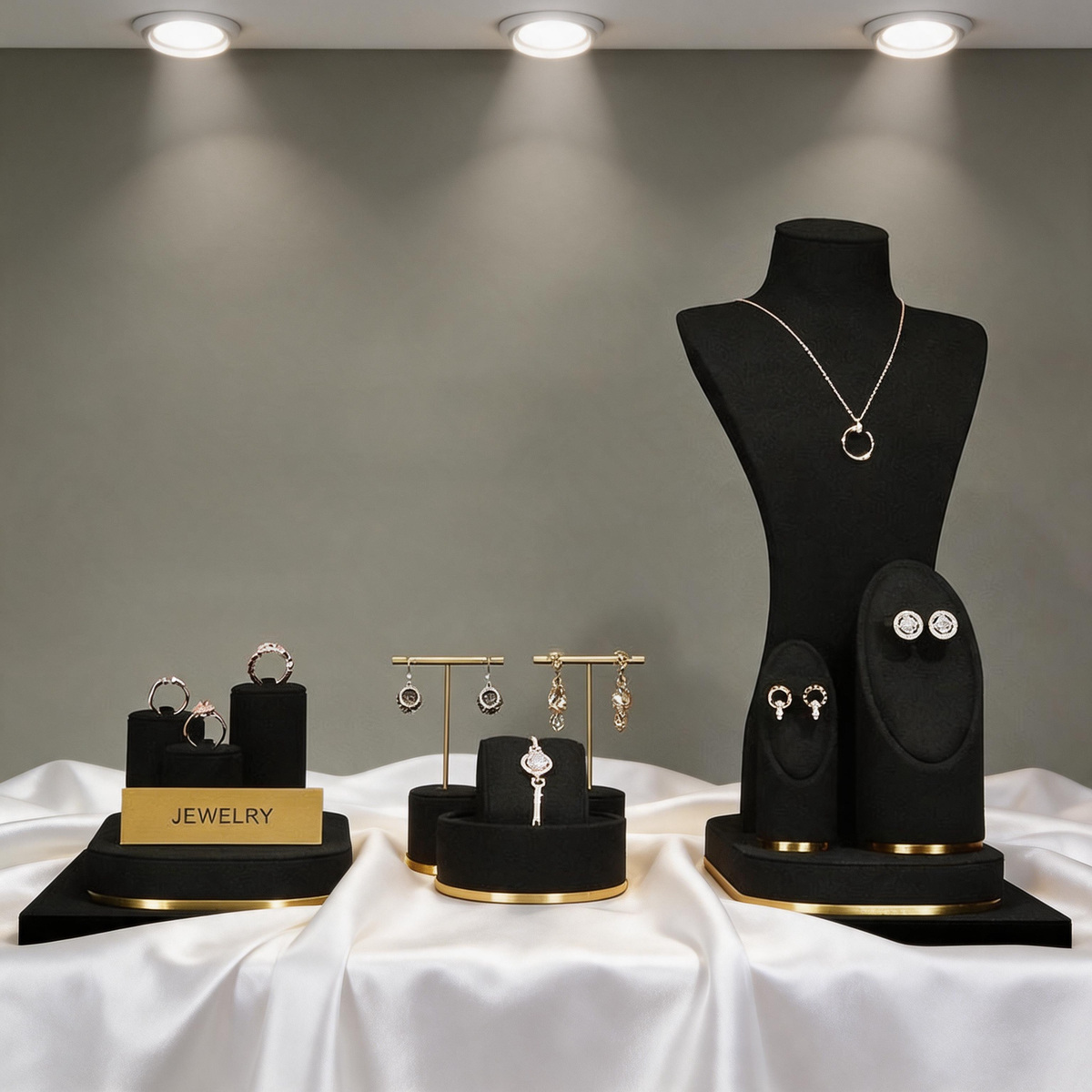 Luxury Black Suede Necklace Bust and Display Stand Set