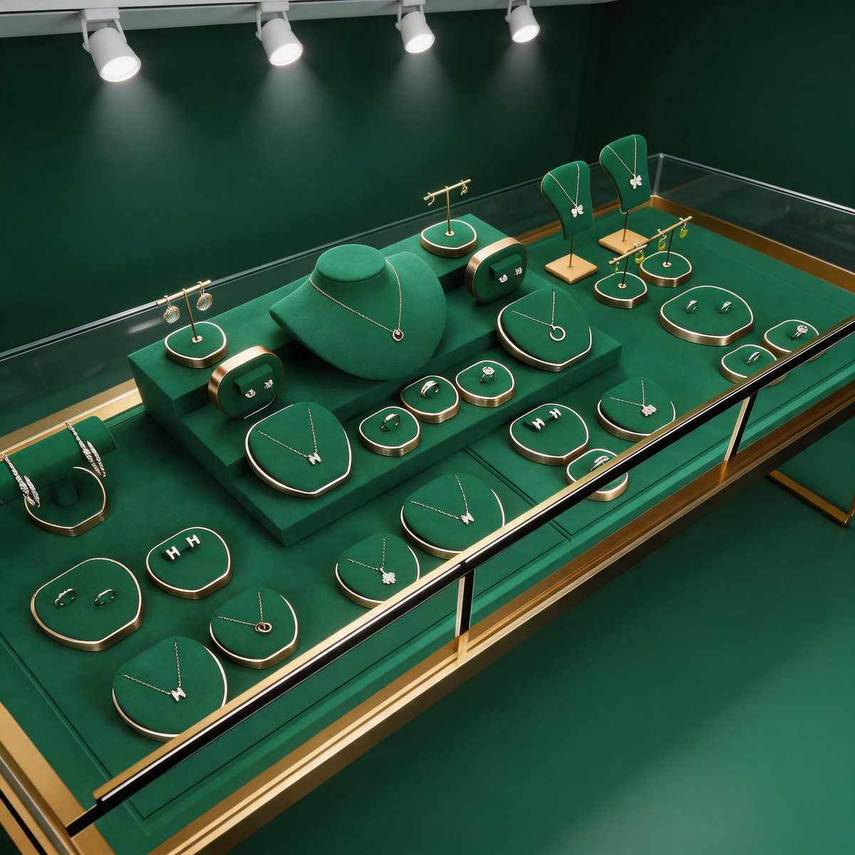 Green Suede and Gold Jewelry Showcase Trays and Necklace Busts