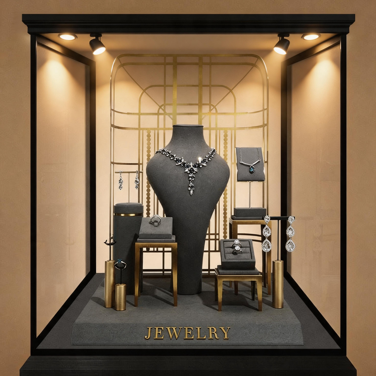 Charcoal Velvet Jewelry Display Set with Gold Metal Backdrop