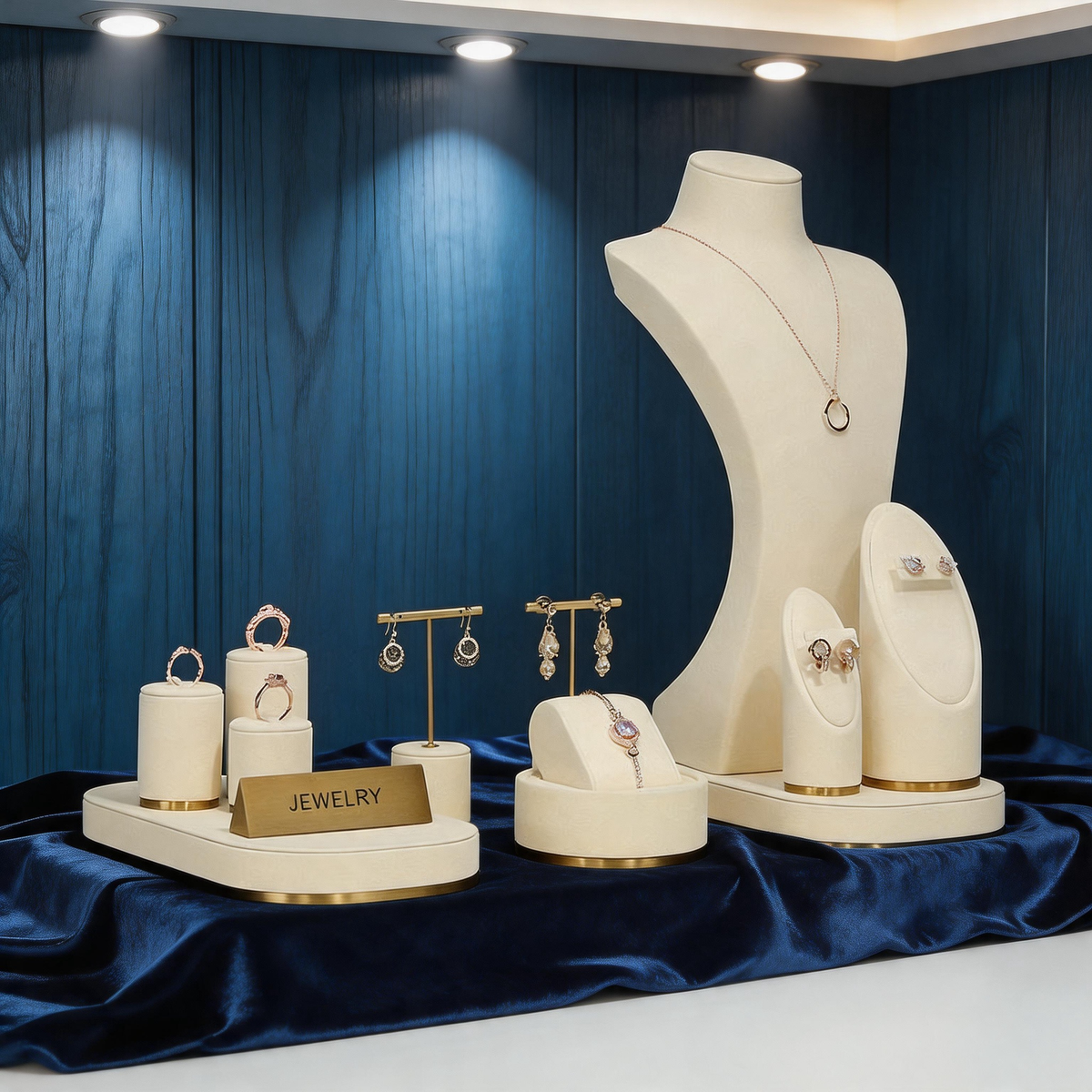 Beige Velvet Necklace Bust and Countertop Display Stands