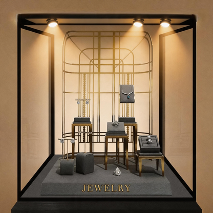 Charcoal Velvet Jewelry Display Set with Gold Metal Backdrop