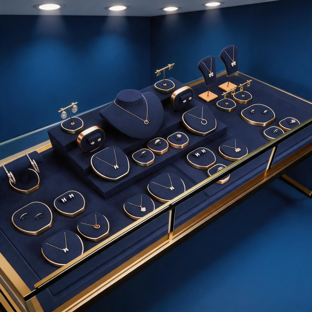 Luxury Suede Jewelry Display Set with Gold Metal Frame for Showcase