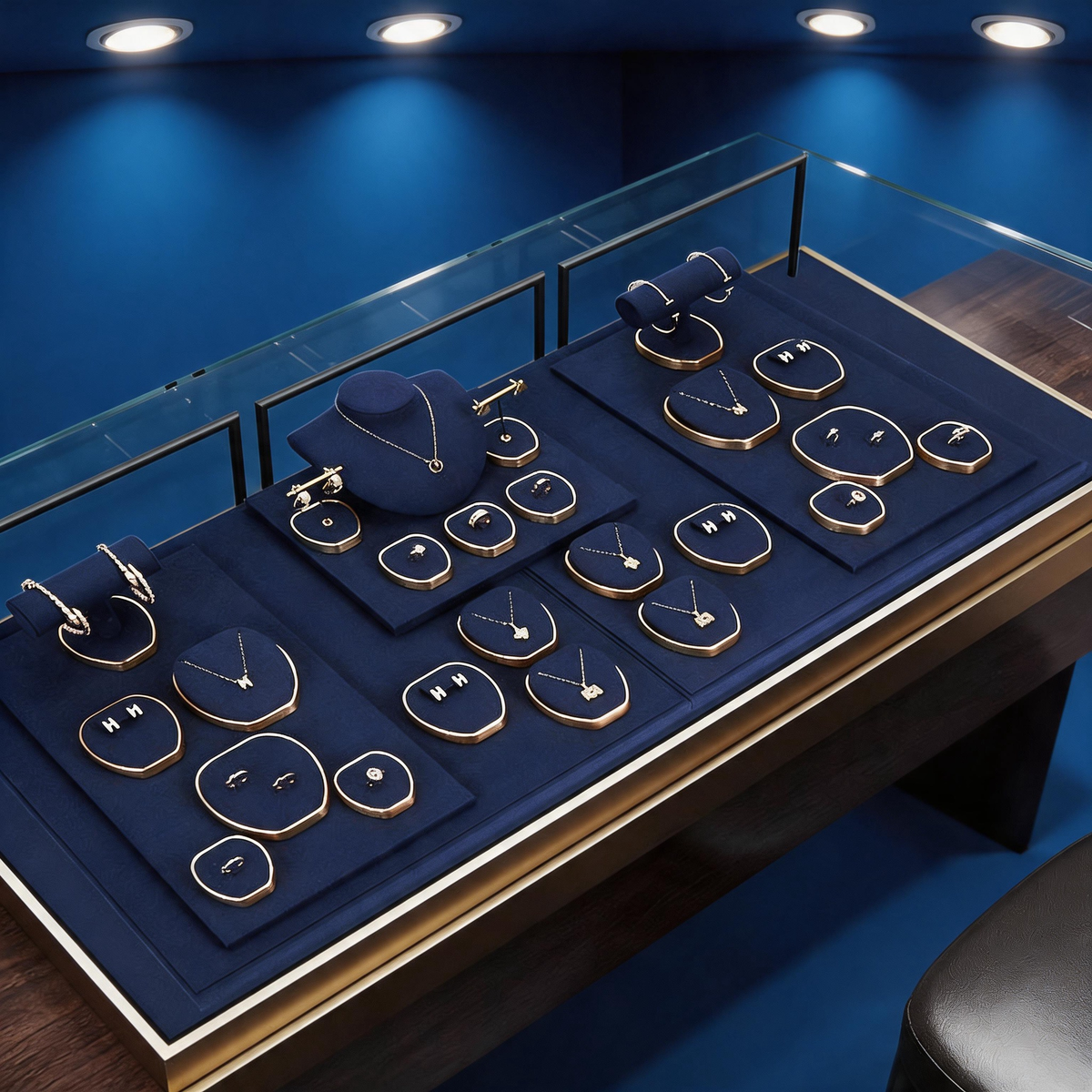 Luxury Suede Jewelry Display Set with Gold Metal Frame for Showcase
