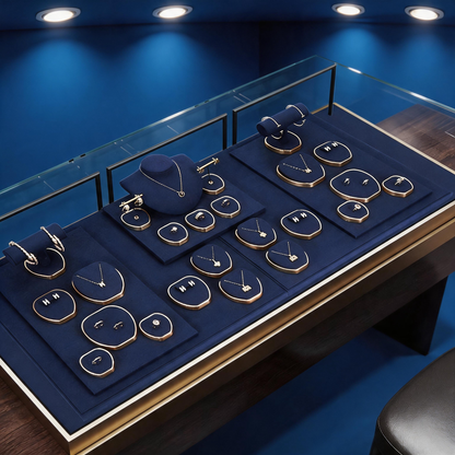 Luxury Suede Jewelry Display Set with Gold Metal Frame for Showcase