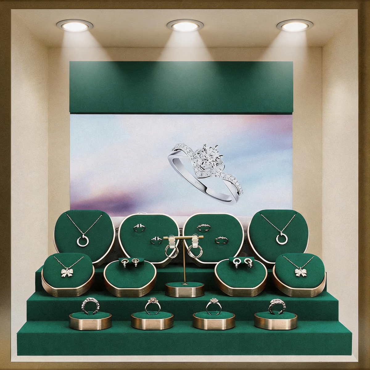 Metal & Suede Jewelry Display Stand Set for Retail Store Countertop