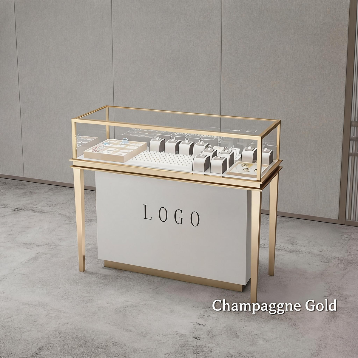 Stainless Steel Jewelry Display | Electroplated Metal Showcase with Glass Top & Logo Option for Boutiques