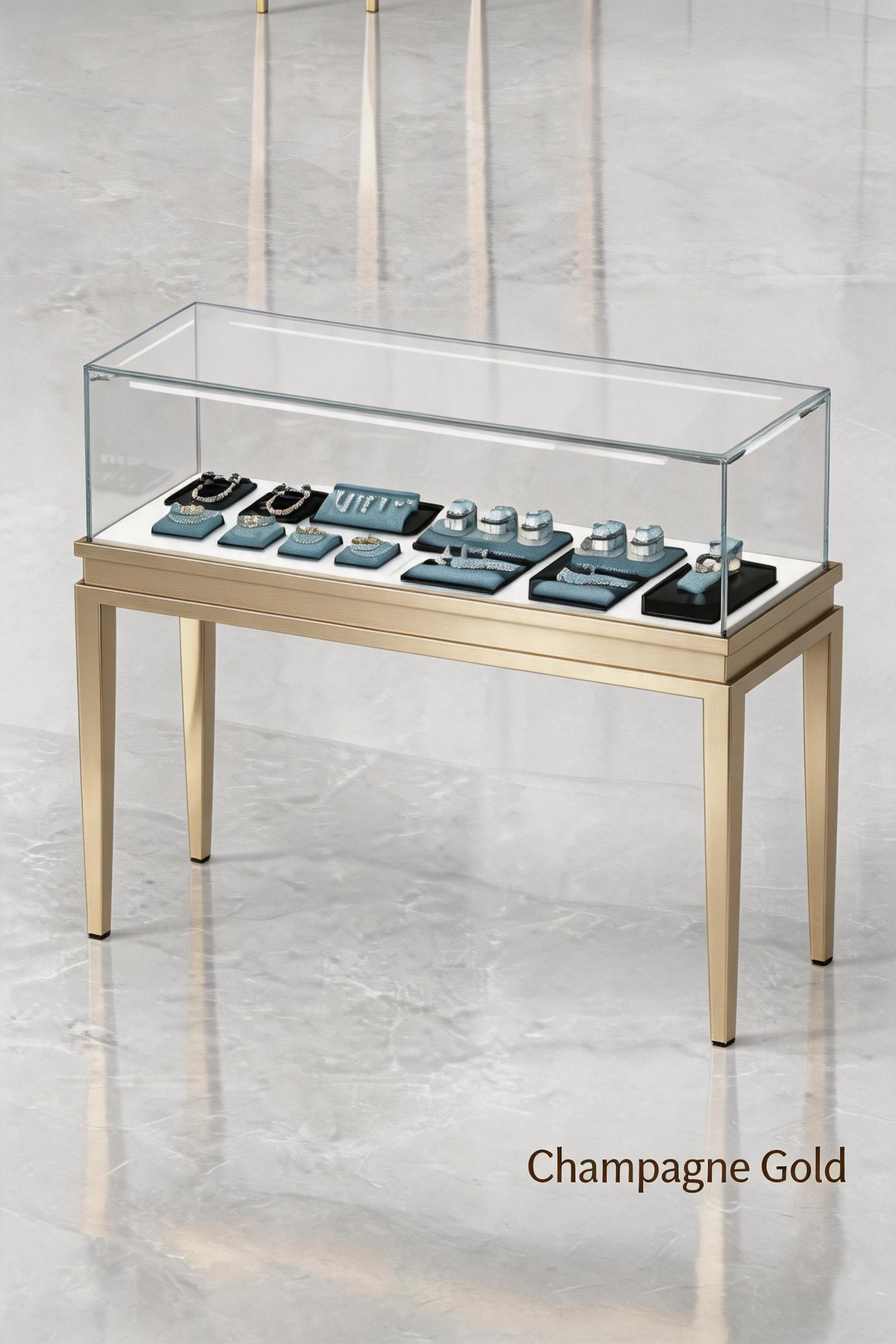 Stainless steel Luxury Jewelry Display Cabinet, Tempered Glass, Dual-Row LED, Gold Finish