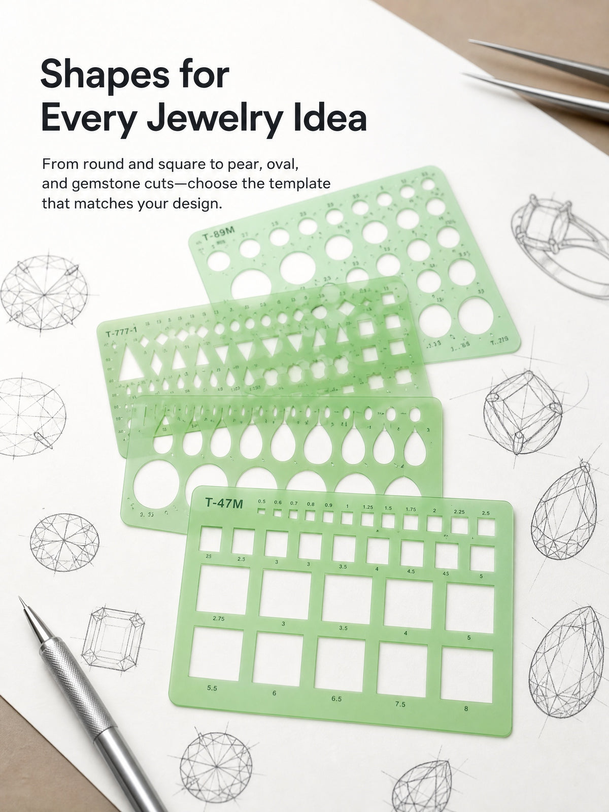 Jewelry Drawing Template, Gemstone Shape Stencil for Ring Design, Diamond Ruler, Jewelry Making Supply